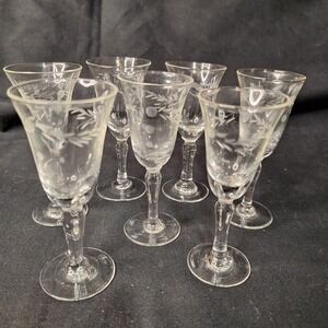 Antique Etched Glass Cordial Glasses Set of 7 Floral Stemware Liqueur Aperitif